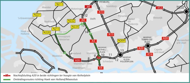 Nachtafsluiting A20 bij Kethelplein: