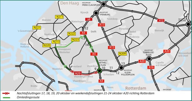 Nacht- en weekendafsluitingen A20 richting Rotterdam van 17 tot 24 oktober