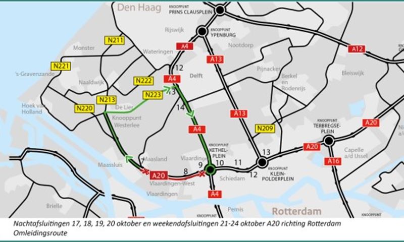 Nacht- en weekendafsluitingen A20 richting Rotterdam van 17 tot 24 oktober