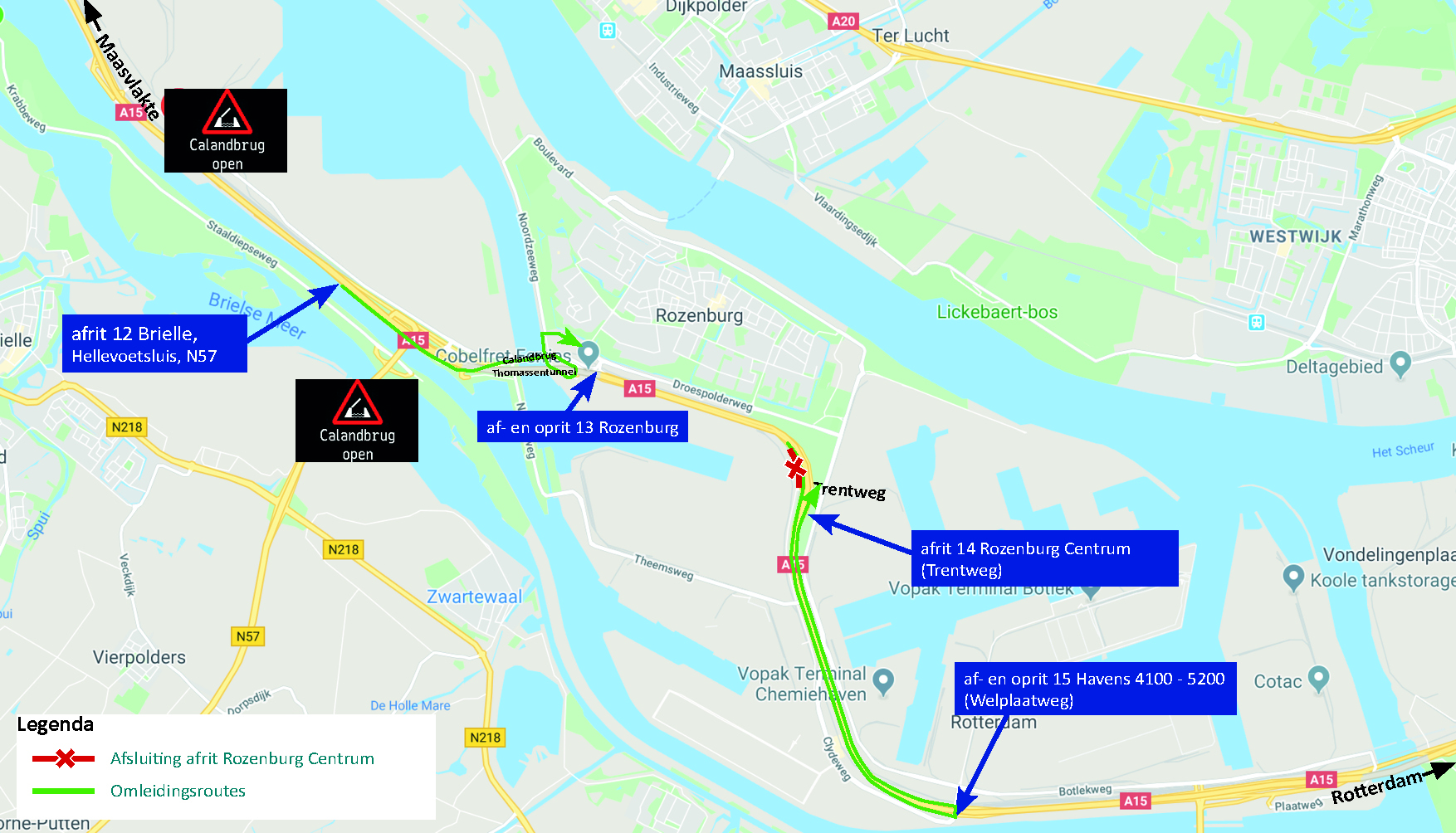 A15 afrit 14 Rozenburg vanuit de richting Maasvlakte drie maanden afgesloten