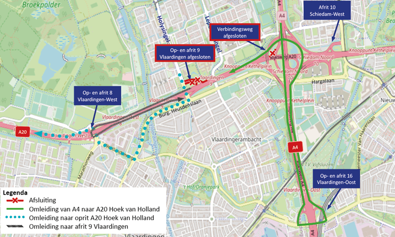 Afsluitingen op en rond de A20 bij Vlaardingen vanaf 10 januari